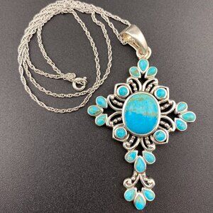 BBJ 2.5" Turquoise Cross Sterling Silver Pendant & 18" Sterling Chain - 21 Grams